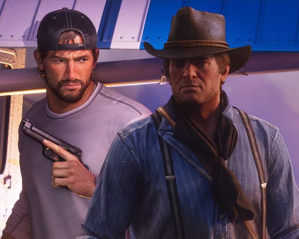 arthur-morgan-from-red-dead-redemption-2-standing-in-front-of-jason-from-gta-6-who-is-brandishing-a-pistol
